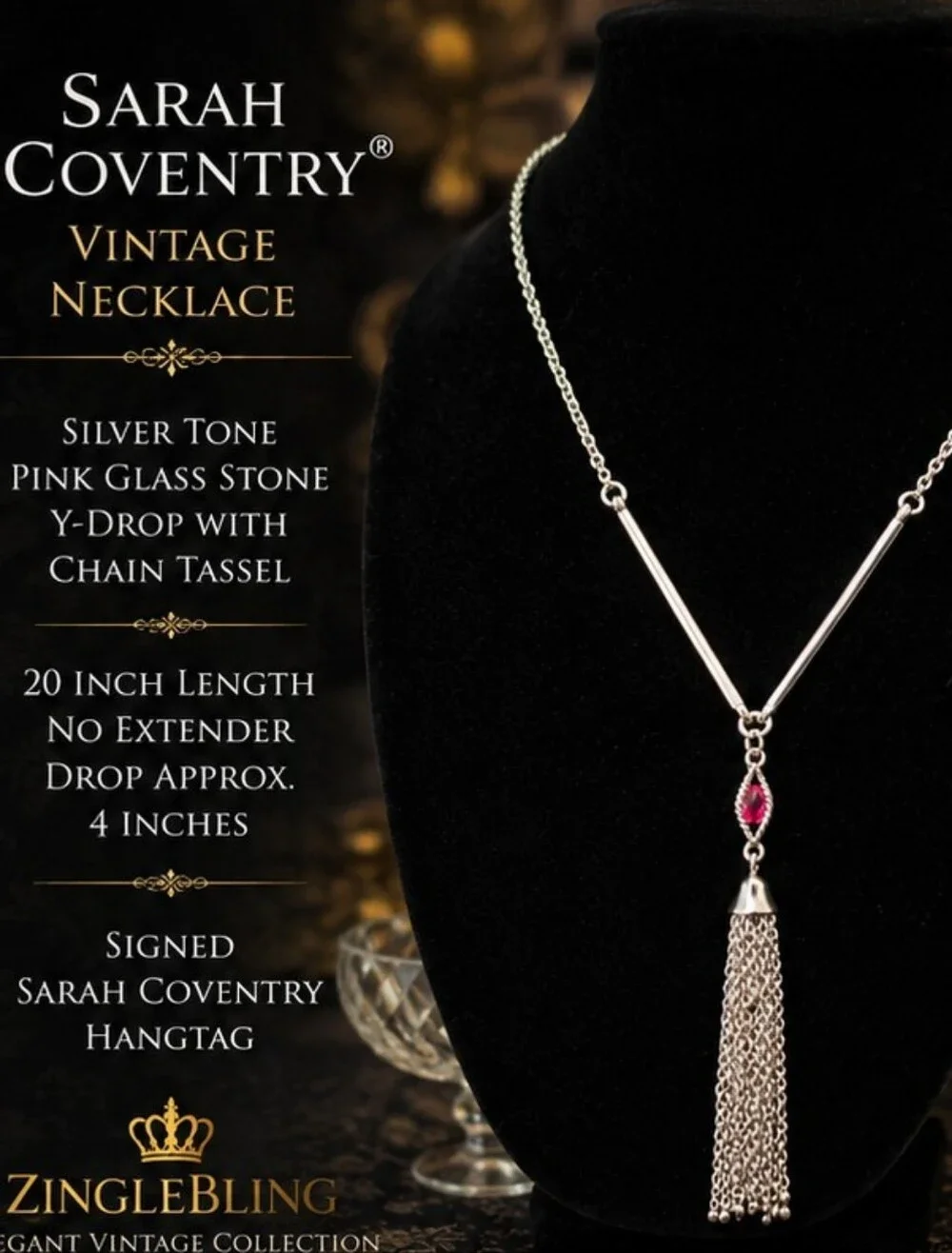 Vintage 70s Sarah Coventry Silver Tone Pink Glass Y Drop Tassel Necklace